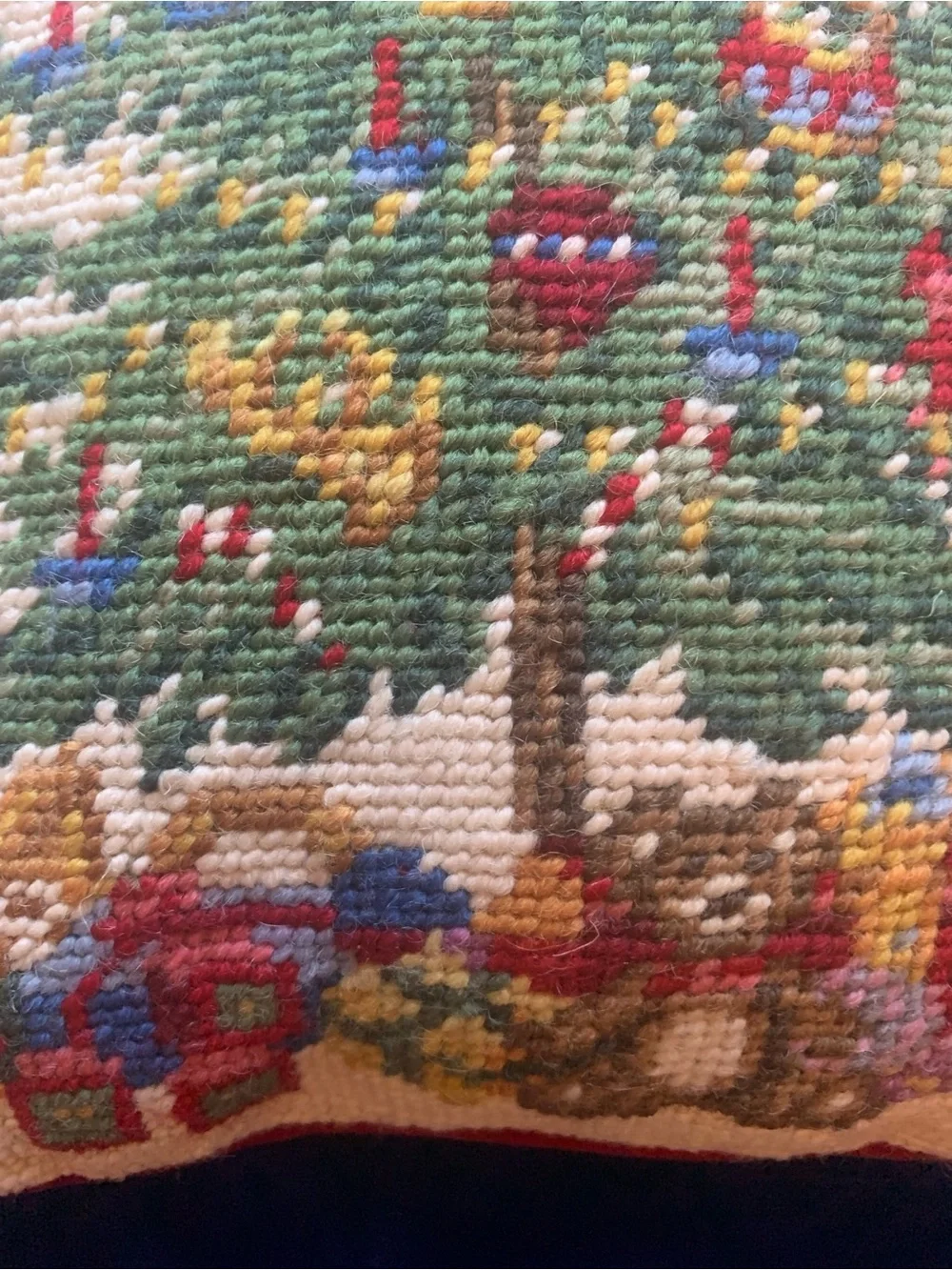 Old Fashioned Needlepoint Christmas Tree Pillow w/Red Velvet Zippered Back